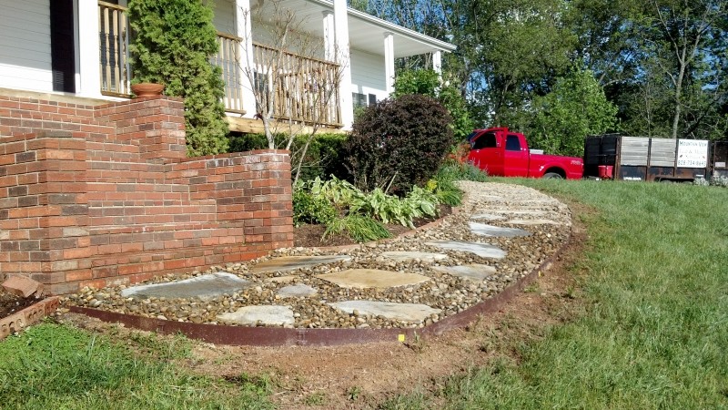 Inspiration for a transitional front yard stone landscaping.