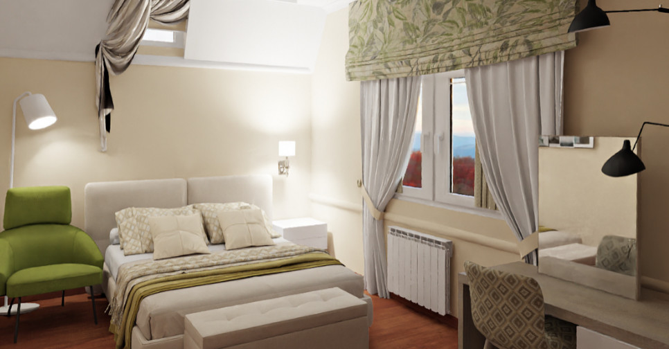 Подбор планировочного решения, создание визуализации спальни в загородном доме