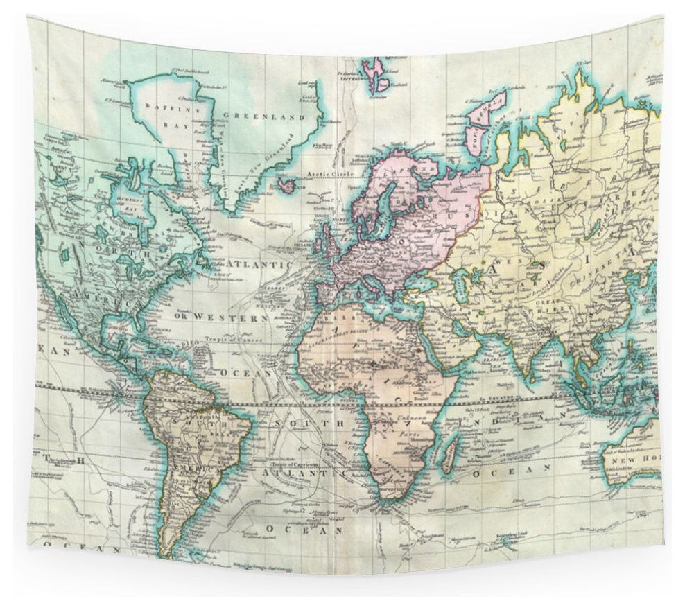 Vintage Map Of The World (1801) Wall Hanging Tapestry - Large: 88 x 104