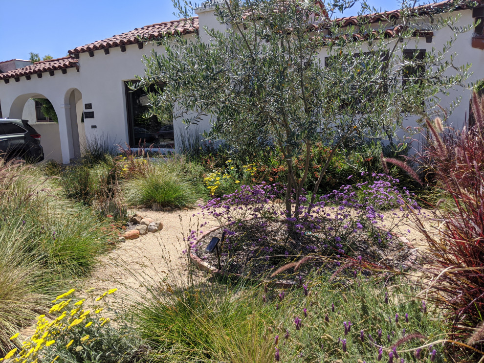 Стильный дизайн: солнечный засухоустойчивый сад на переднем дворе в средиземноморском стиле с хорошей освещенностью и покрытием из гранитной крошки - последний тренд