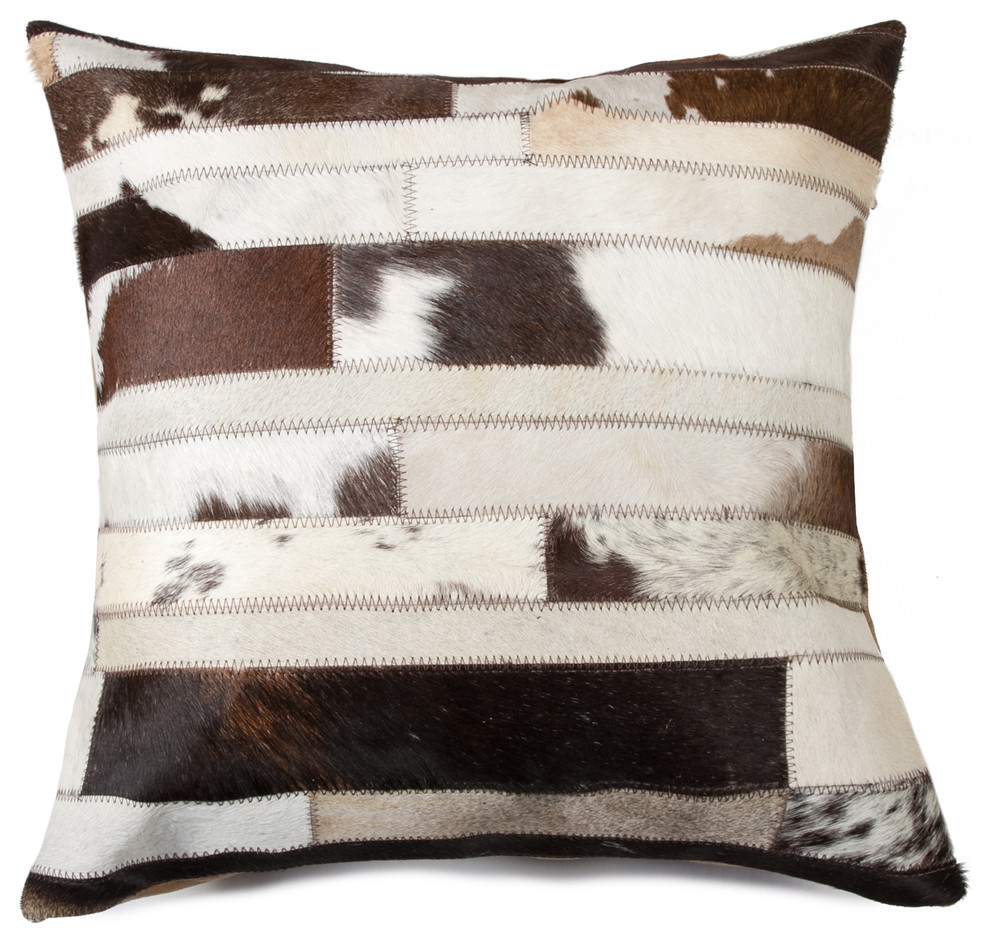 18"x18" Torino Madrid Cowhide Pillow, Chocolate and Natural