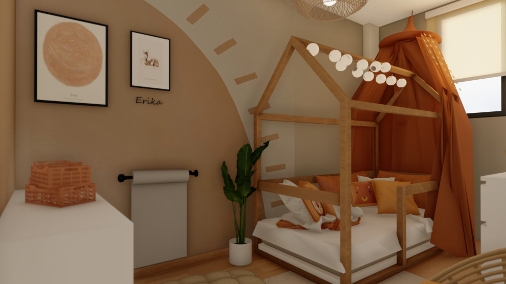 Idee per una piccola cameretta per bambini da 1 a 3 anni mediterranea con pareti beige e pavimento in legno massello medio
