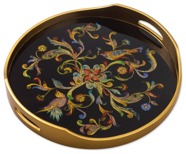 Novica Handmade Birds Of The Night Reverse-Painted Glass Tray