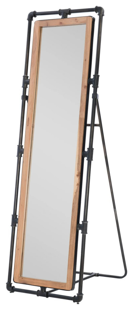 Industrial Pipe Floor Mirror with Gunmetal and Natural Acacia Wood ...