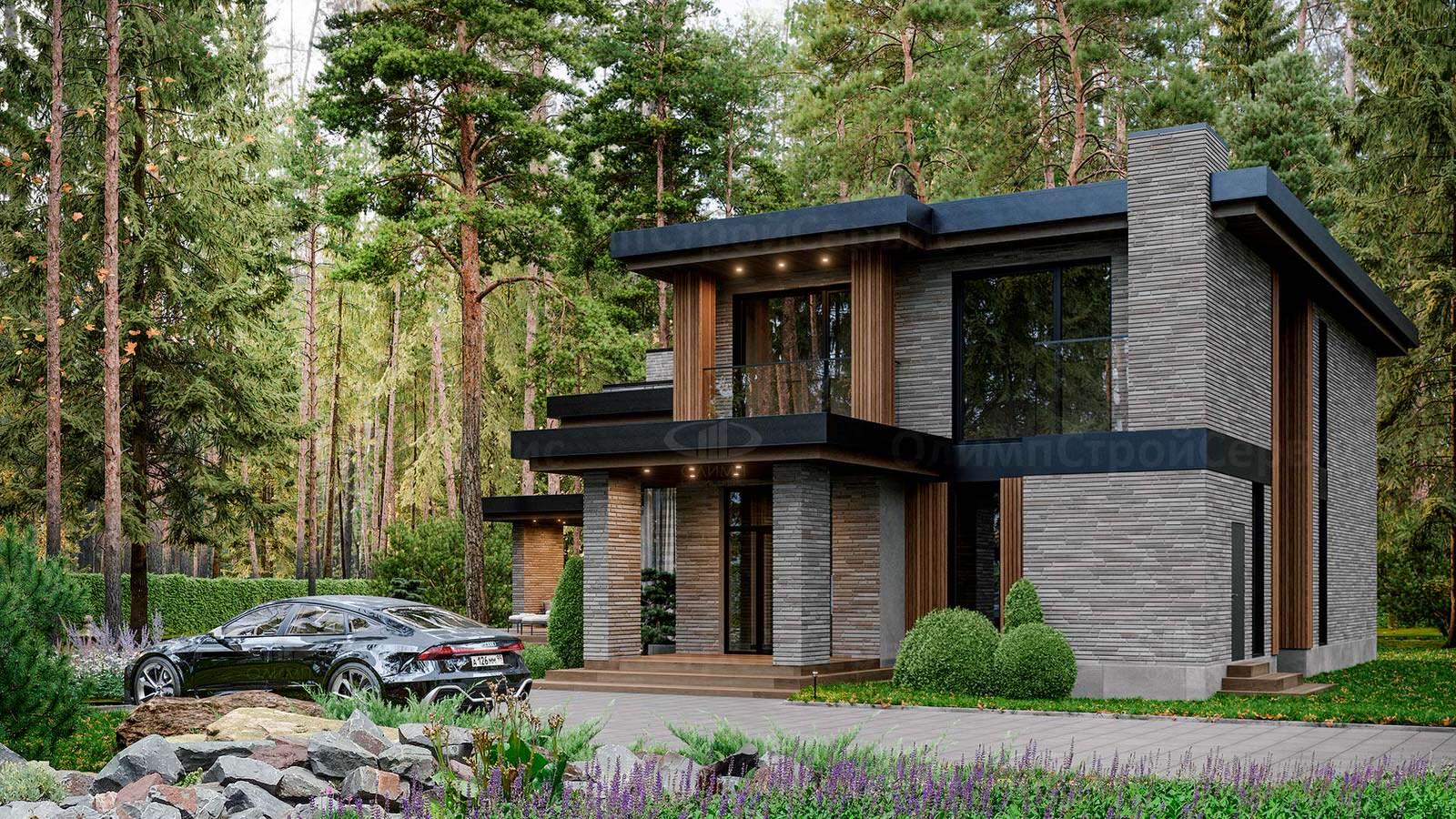 Двухэтажный дом в стиле Хай-Тек «Честер» с барбекю на террасе