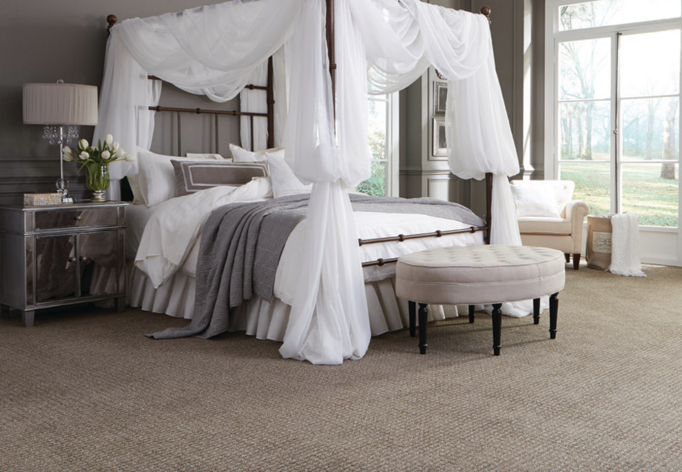 Inspiration for a large transitional master bedroom in New York with grey walls, carpet and no fireplace.