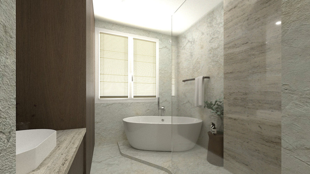 Inredning av ett modernt mellanstort badrum med dusch, med luckor med profilerade fronter, skåp i mellenmörkt trä, ett platsbyggt badkar, travertinkakel, beige väggar, betonggolv, ett nedsänkt handfat, marmorbänkskiva och beiget golv
