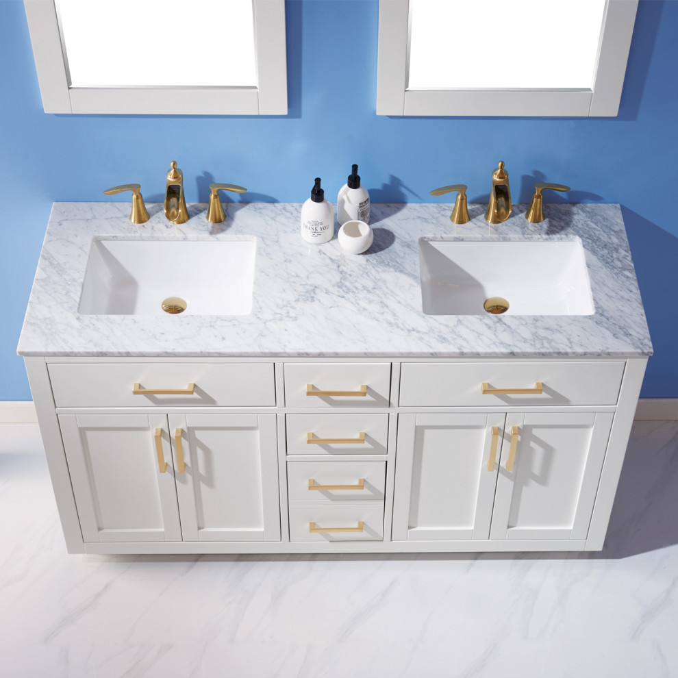 Aménagement d'une grande salle de bain contemporaine avec un plan de toilette en marbre, meuble double vasque et meuble-lavabo sur pied.