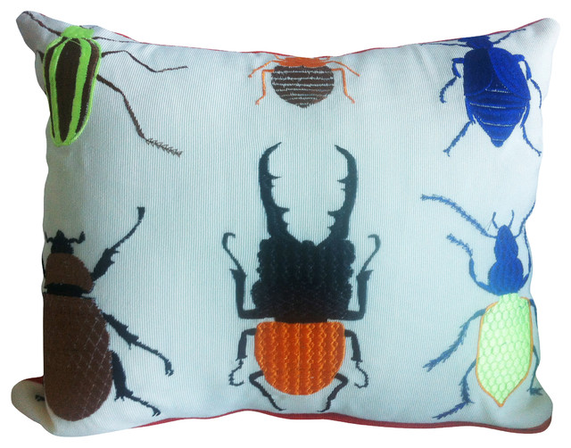 Embroidered bugs on canvas Decorative Pillows by Fandindo Textiles