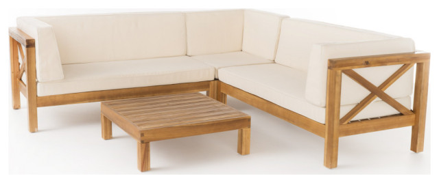 Gdf Studio 4 Piece Brava Patio Wooden Sectional Water Resistant Cushions Set Transitional Outdoor Lounge Sets By Gdfstudio