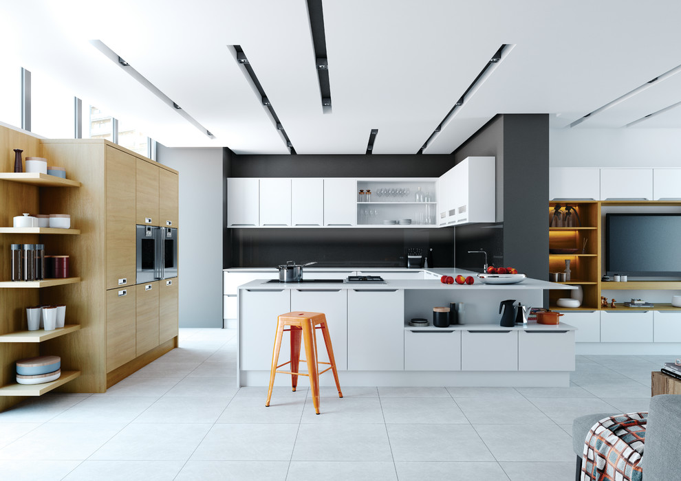 Contemporary u-shaped open plan kitchen in Dublin with flat-panel cabinets, white cabinets, black splashback and a peninsula.