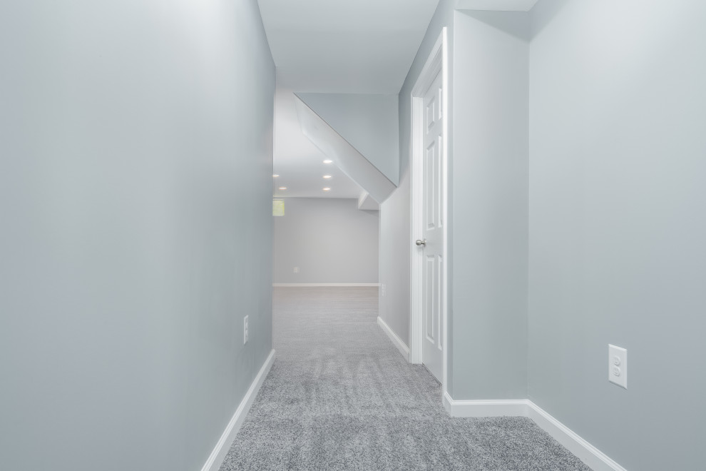 Immagine di un ingresso o corridoio minimalista di medie dimensioni con pareti grigie, moquette e pavimento grigio