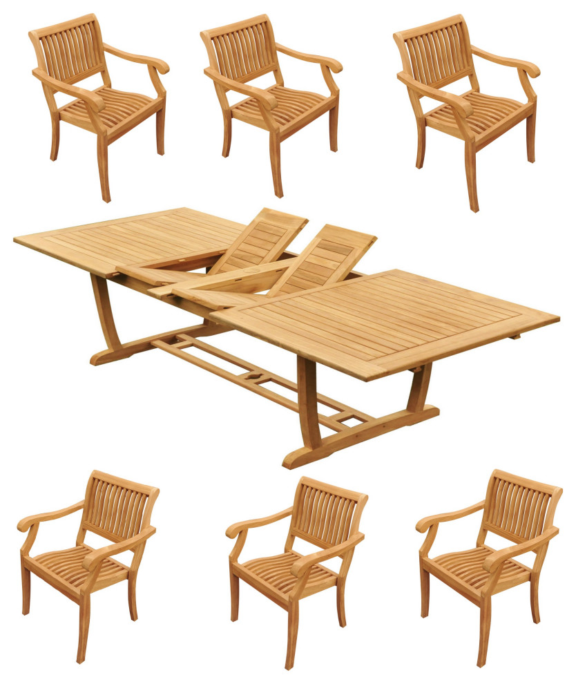 7Piece Outdoor Teak Dining Set 94" Masc Rectangle Table, 6 Arbor Arm