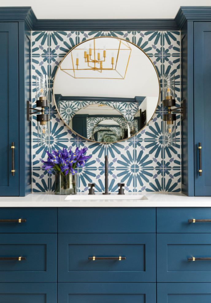 This is an example of an expansive eclectic master bathroom in Denver with furniture-like cabinets, blue cabinets, a freestanding tub, a double shower, cement tile, engineered quartz benchtops, a hinged shower door, white benchtops, a double vanity, a built-in vanity and planked wall panelling.