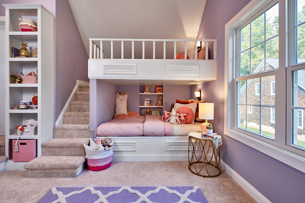 Inspiration for a mid-sized traditional kids' bedroom for kids 4-10 years old and girls in Charlotte with purple walls, carpet and beige floor.