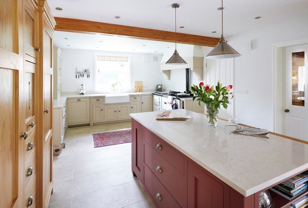 Photo of a large traditional u-shaped open plan kitchen in Other with a farmhouse sink, shaker cabinets, quartzite benchtops, ceramic floors and with island.