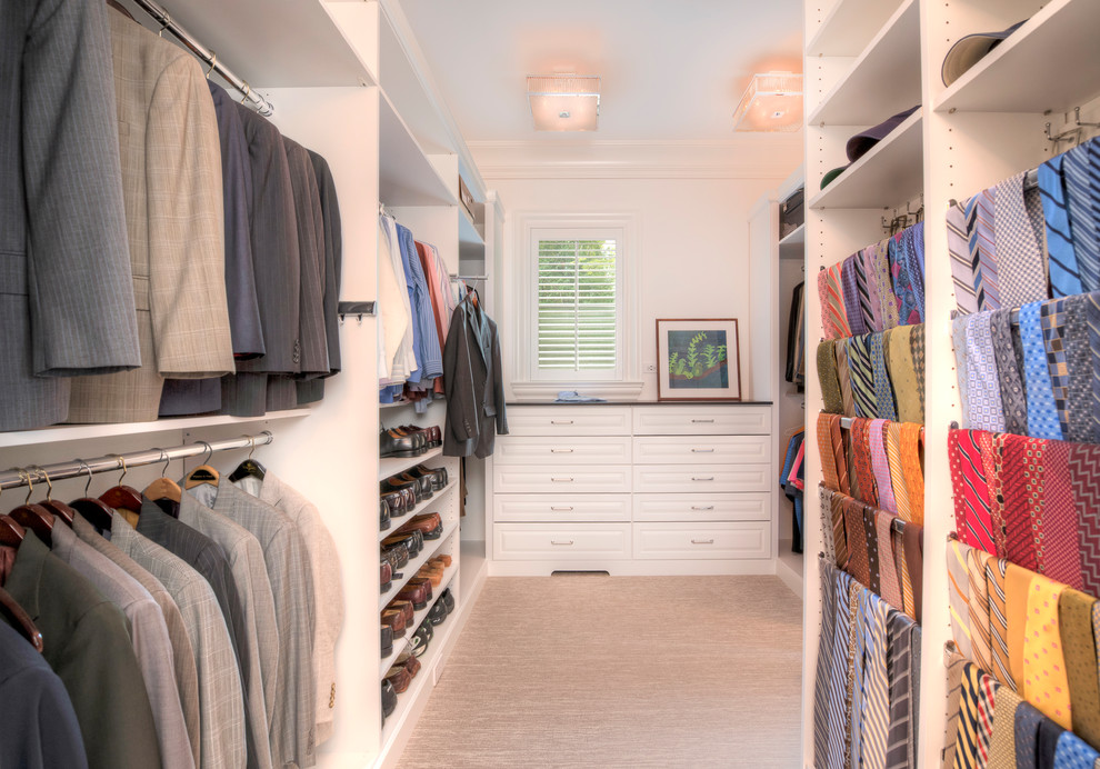 Mid-sized transitional gender-neutral carpeted and brown floor walk-in closet photo with raised-panel cabinets and white cabinets