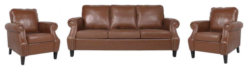 Burkehaven Contemporary Faux Leather 3-Piece Sofa Set, Cognac Brown/Dark Brown