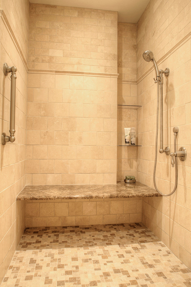 This is an example of a large master bathroom in Philadelphia with a double shower, a two-piece toilet, beige tile, subway tile, green walls, porcelain floors and a console sink.