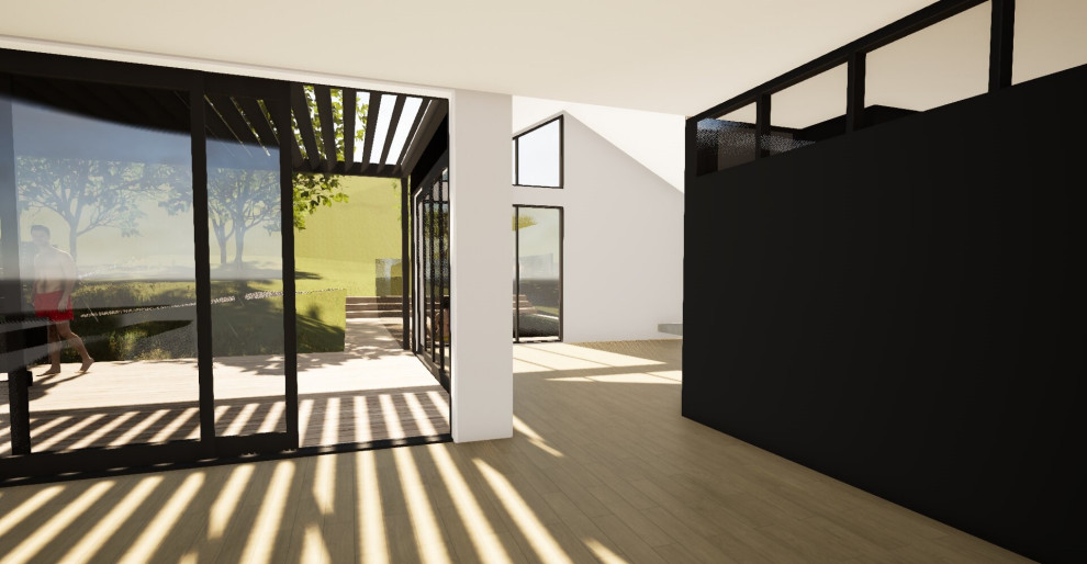Idee per un grande soggiorno minimalista con sala giochi, pareti nere, parquet chiaro, stufa a legna, cornice del camino in pietra e parete attrezzata