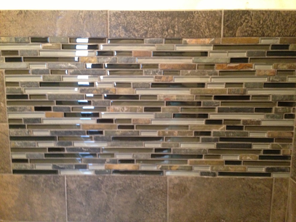 Slate Subway Tile with Glass Mosaic Vanity Backsplash and Accent