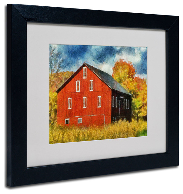 'Red Barn In Autumn' Matted Framed Canvas Art by Lois Bryan, 11