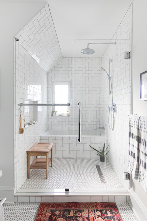 Subway Elegance: White Shower Penny Tile Ideas Pair Perfectly with Classic Subway Tiles