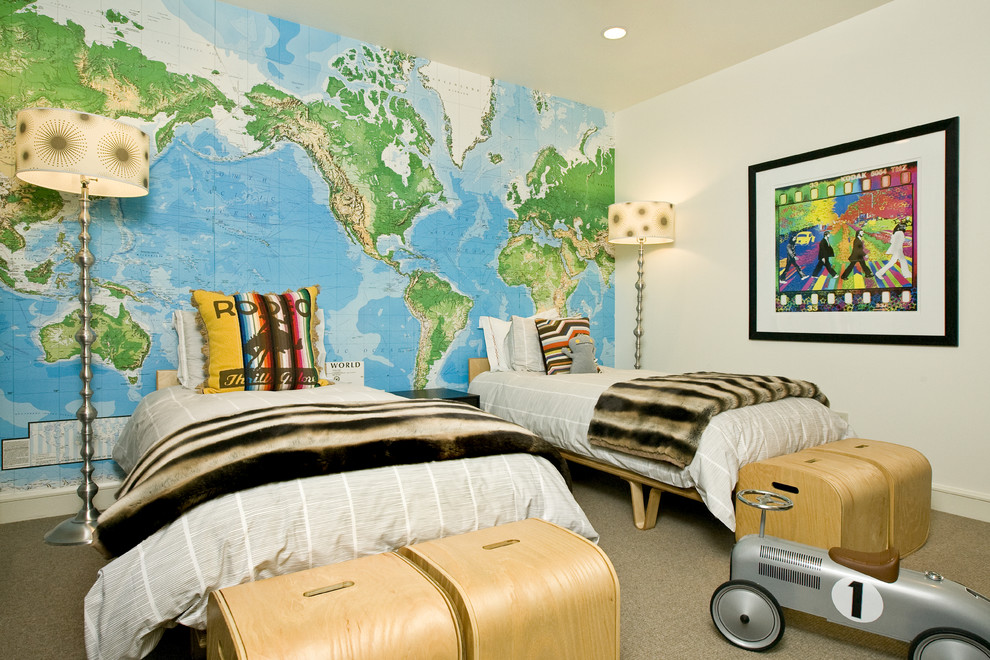 Design ideas for a contemporary gender-neutral kids' bedroom for kids 4-10 years old in Other with beige walls and carpet.