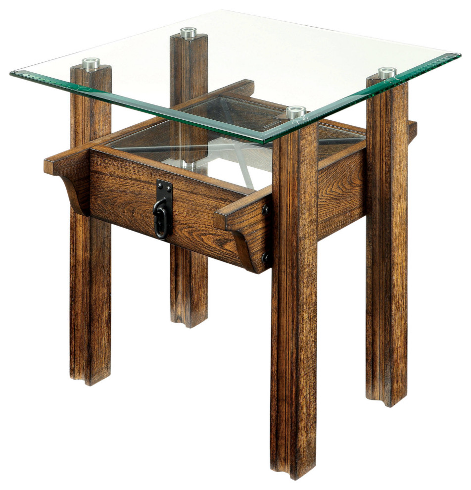 Transitional Wooden End Table with Glass Top and Glass Shelf, Weathered