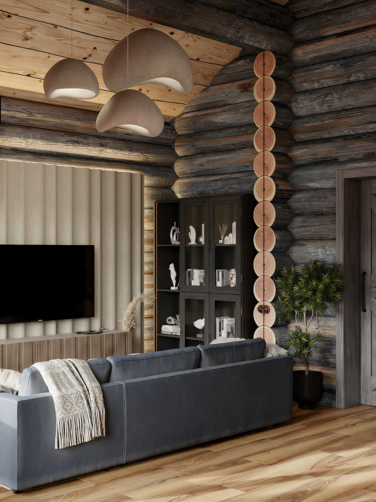 Дом из кело для рыбалки. Кухня-гостиная