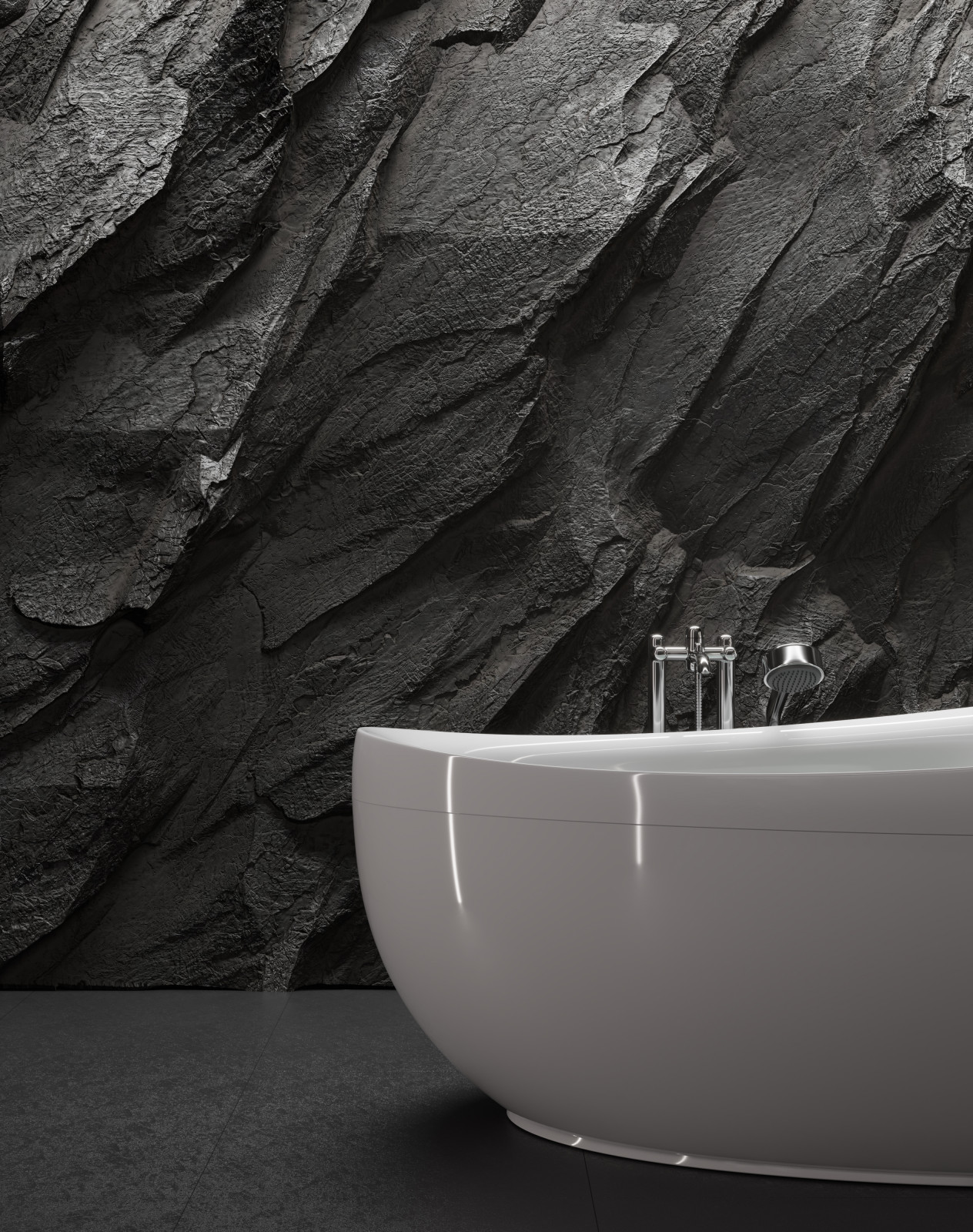 Цвет настроение черный. Визуализация ванной комнаты со скалой