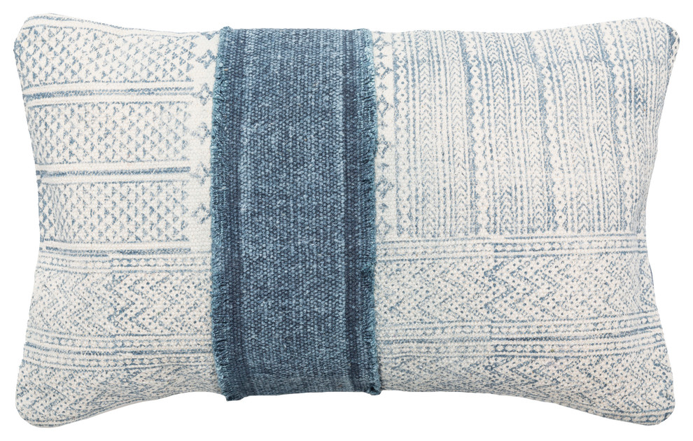 Lola Lumbar Pillow, Blue and Cream, Down Fill, 22"x14"