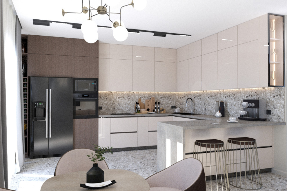 Визуализация кухни совмещенной с гостиной.