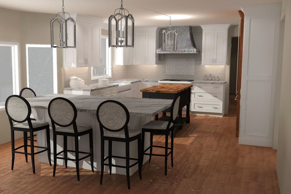 This is an example of a mid-sized traditional u-shaped eat-in kitchen in Minneapolis with an undermount sink, recessed-panel cabinets, white cabinets, marble benchtops, grey splashback, ceramic splashback, panelled appliances, medium hardwood floors, multiple islands and brown floor.