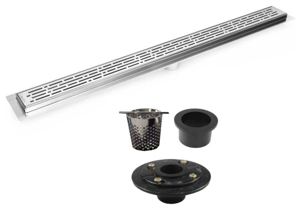 Linear Shower Drains, Brushed Nickel with Cast Iron Base and Hair Trap Set, 39 Inch