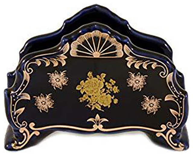 Royalty Porcelain Cobalt Blue Napkin Holder Decorated With Gold Flowers, Fan Traditional