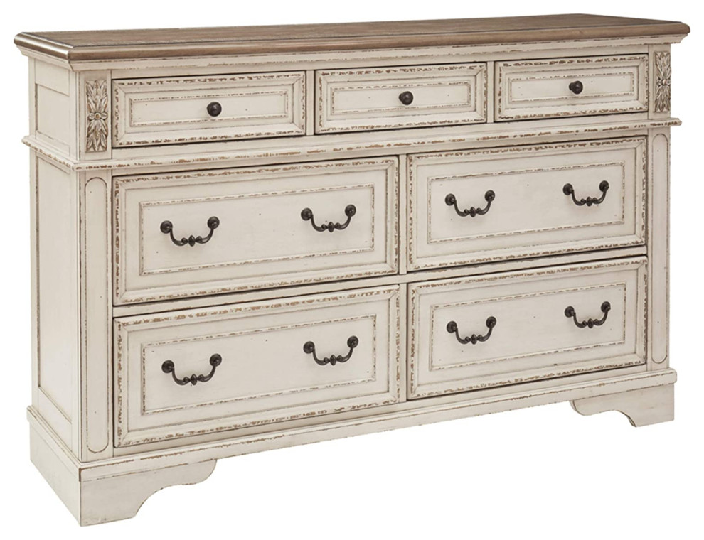 French Country Dresser, 7 Storage Drawers With Carving Details, Chipped White - French Country ...