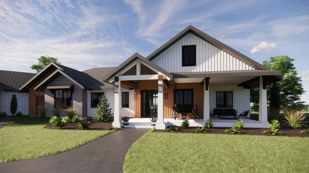 Idee per la villa bianca country a un piano di medie dimensioni con rivestimento in legno, tetto a capanna, copertura in metallo o lamiera, tetto grigio e pannelli e listelle di legno
