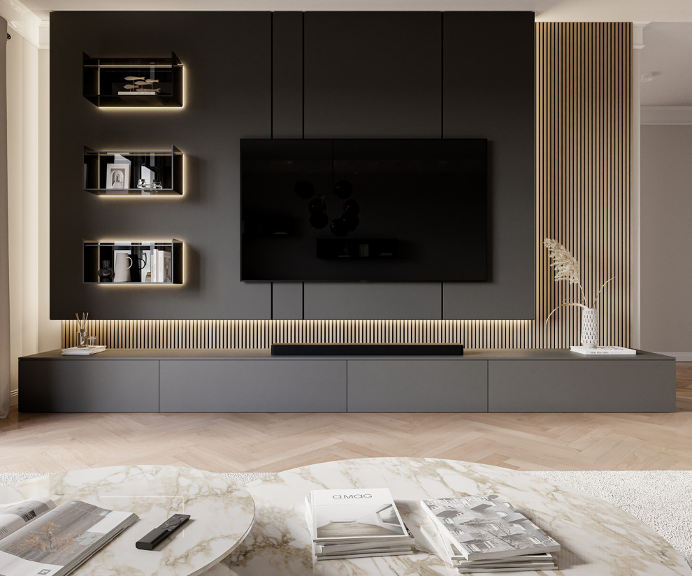 Diseño de sala de estar cerrada moderna extra grande sin chimenea con suelo de madera clara, televisor colgado en la pared y suelo beige