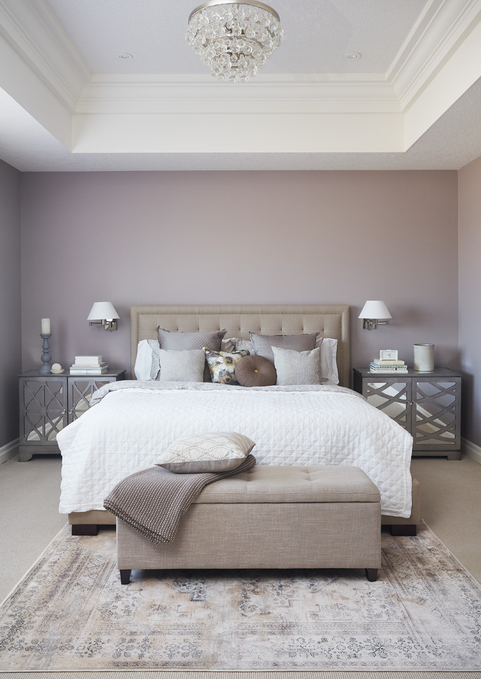 Traditional bedroom in Toronto with purple walls and carpet.