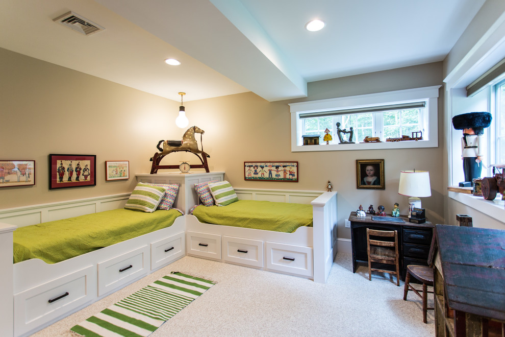 Example of a classic gender-neutral carpeted kids' room design in Other with beige walls