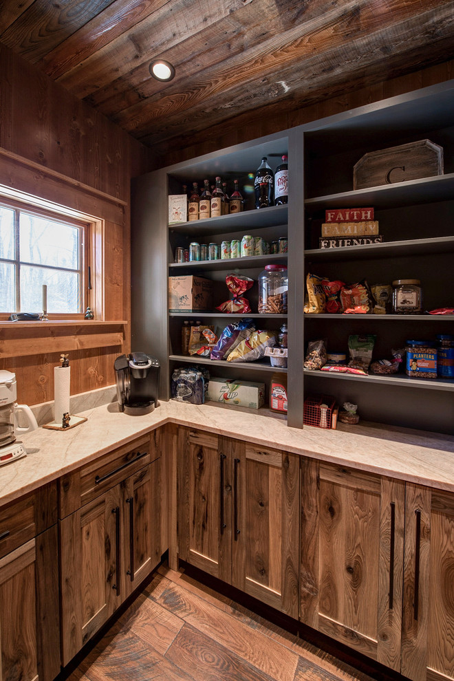 Mid-sized country l-shaped kitchen pantry in Minneapolis with flat-panel cabinets, distressed cabinets, quartzite benchtops and timber splashback.