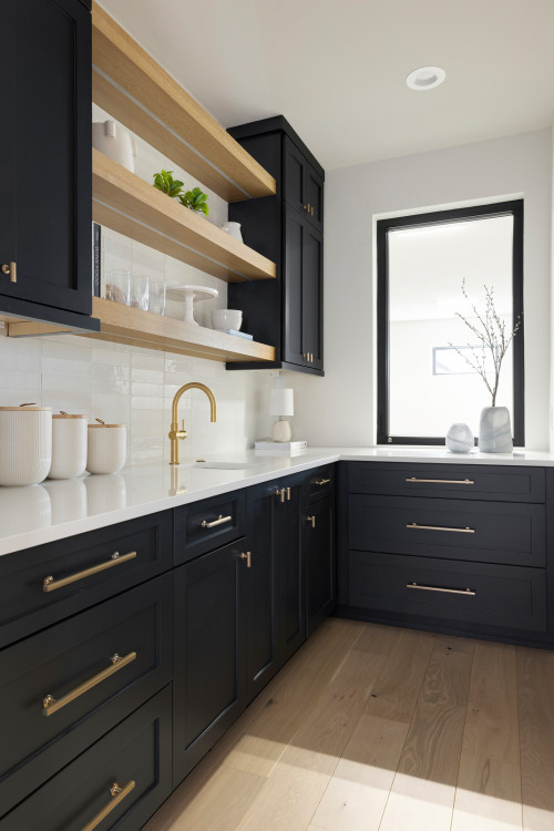 High-quality RTA Cabinets in Canada with modern black finish, open shelving, and gold hardware