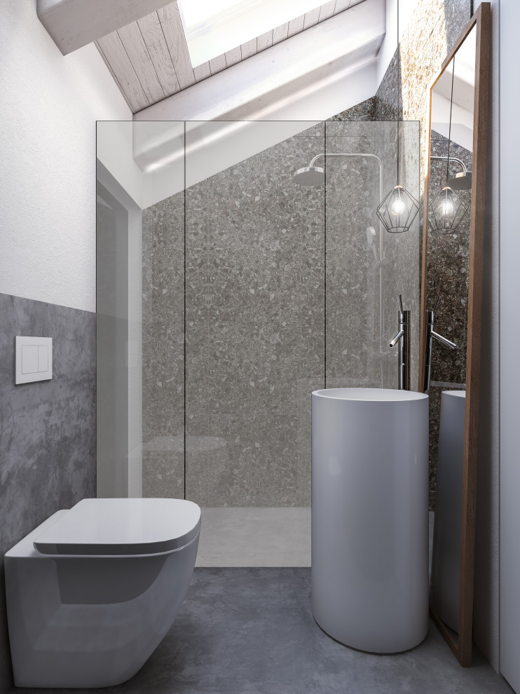 Small contemporary 3/4 bathroom in Turin with flat-panel cabinets, white cabinets, a curbless shower, gray tile, stone slab, white walls, concrete floors, a pedestal sink, grey floor, a hinged shower door, a single vanity, a built-in vanity and exposed beam.