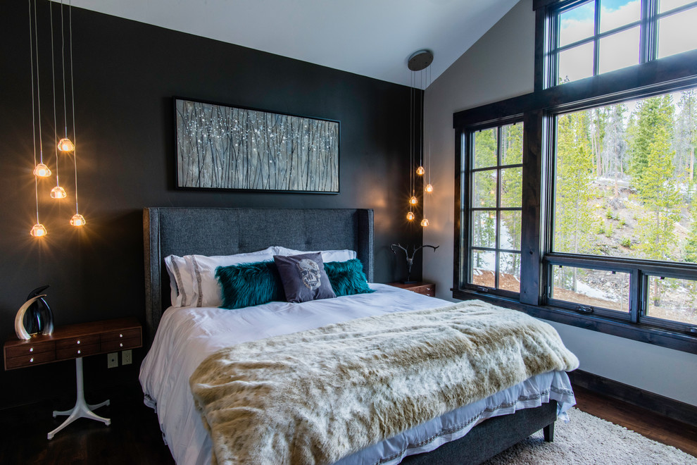 Design ideas for a contemporary bedroom in Denver with black walls and dark hardwood floors.