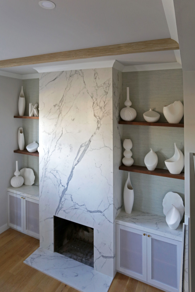Inspiration for a mid-sized transitional l-shaped marble floor kitchen remodel in DC Metro with an undermount sink, shaker cabinets, white cabinets, quartzite countertops, white backsplash, quartz backsplash and stainless steel appliances