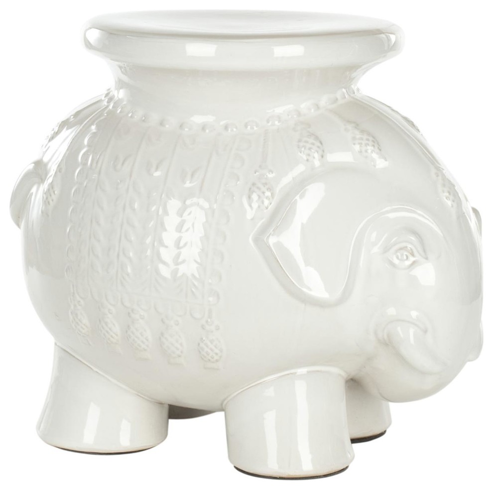 Glazed Ceramic Elephant Stool, White