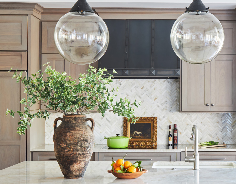 Large transitional l-shaped kitchen pantry photo in Chicago with an undermount sink, flat-panel cabinets, medium tone wood cabinets, quartzite countertops, beige backsplash, stone tile backsplash, paneled appliances, an island and white countertops