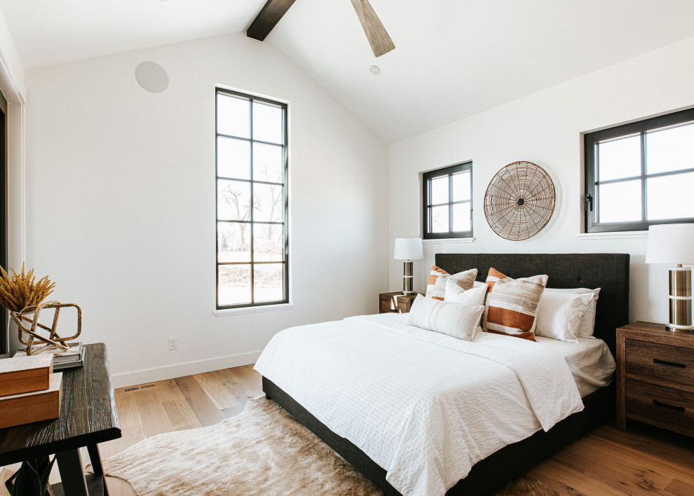 Источник вдохновения для домашнего уюта: хозяйская спальня среднего размера с белыми стенами и светлым паркетным полом
