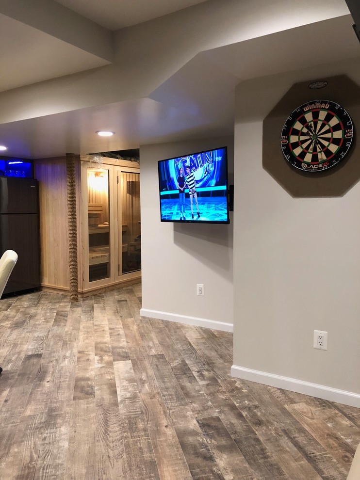 Basement - mid-sized rustic underground porcelain tile and gray floor basement idea in Baltimore with brown walls and no fireplace